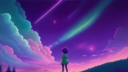 Fototapeta premium Girl watching shooting stars at night.