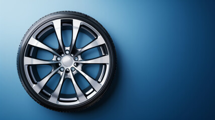 A sleek alloy car wheel resting against a gradient blue background, emphasizing modern design and precision engineering with a stylish finish.