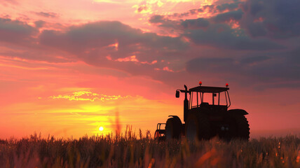 Fototapeta premium A tractor silhouette is fixed against a stunning sunset, evoking a sense of calm and the quiet end of a day’s hard work in the vast field.