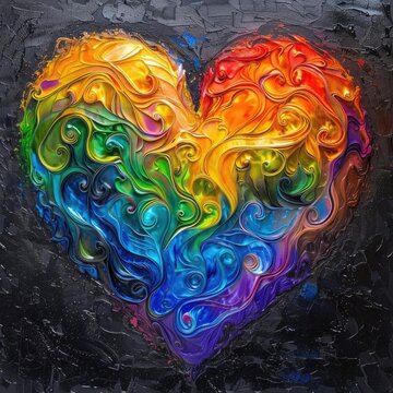 Artistic image of a rainbow heart, representing LGBTQ+ love and pride, glowing with vibrant colors, intricate details