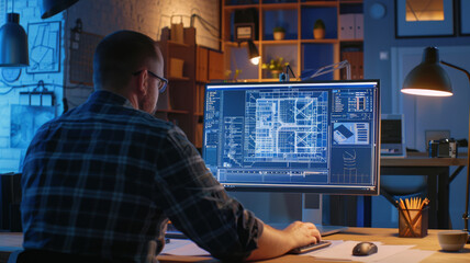 A designer works on a computer, carefully studying blueprints illuminated by a soft, warm office light, reflecting a focused and quiet workspace.