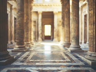 Blurred ancient Roman temple interior with no people, classical interior, light colors, background, wallpaper
