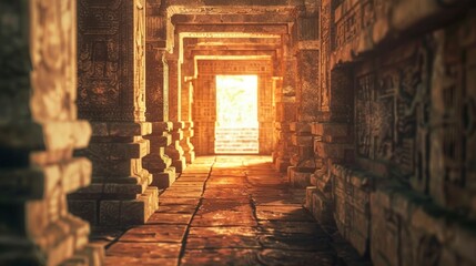 Blurred ancient Mayan temple interior with no people, classical interior, light colors, background, wallpaper