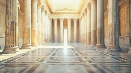 Blurred ancient Roman temple interior with no people, classical interior, light colors, background, wallpaper