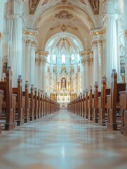 Fototapeta premium Blurred Catholic church interior with no people, classical interior, light colors, background, wallpaper