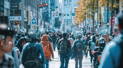 Obraz premium Crowd of tracked with technology walking on a busy city street. CCTV AI Facial recognition big data Analysis Interface Scanning