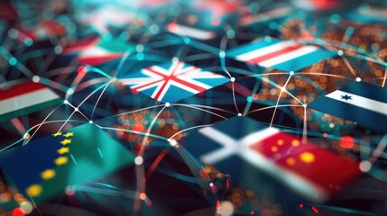 Cross border Regulatory Cooperation: Countries flags interconnected with digital lines, symbolizing cross