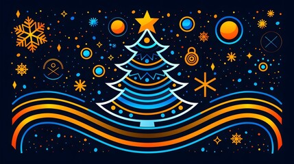 Abstract Christmas tree in multicoloured tones on dark background.