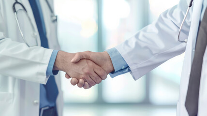 Two doctors in white lab coats greet each other with a handshake in a bright hospital hallway, emphasizing respect and professional comradery.