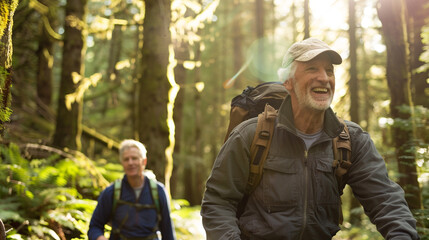 Senior men hiking together. 