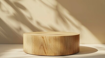 Simple wooden cylinder podium, on beige background, for product presentation mock up
