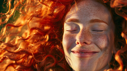 A red-haired woman with freckles closes her eyes and smiles, radiating joy and vitality as her locks flow freely in the breeze.
