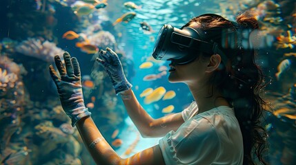 A young woman wearing VR headset and gloves, exploring a virtual reality simulation of an underwater world