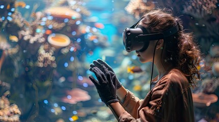 A young woman wearing VR headset and gloves, exploring a virtual reality simulation of an underwater world