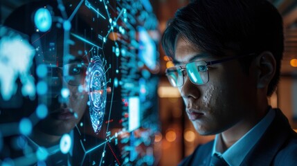 Close-up of a businessman using facial recognition technology to unlock a smartphone, with digital security interface visible