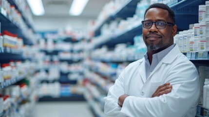 Fototapeta premium A man in a white lab coat stands in a pharmacy with his arms crossed. He is smiling and he is proud of his work. The pharmacy is filled with various medications and bottles, creating a busy