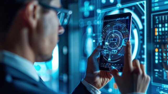 Close-up of a businessman using facial recognition technology to unlock a smartphone, with digital security interface visible