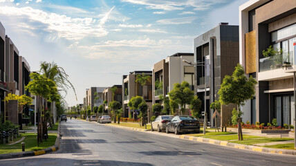 Modern residential street with sleek houses, landscaped lawns, and parked cars under a clear sky.