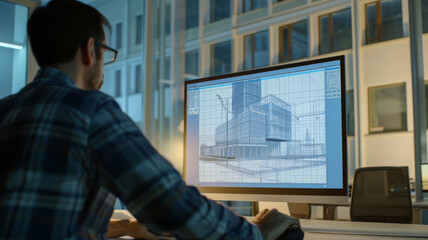 Fototapeta premium A professional works late at a computer displaying architectural design plans in a sophisticated, well-lit office space.