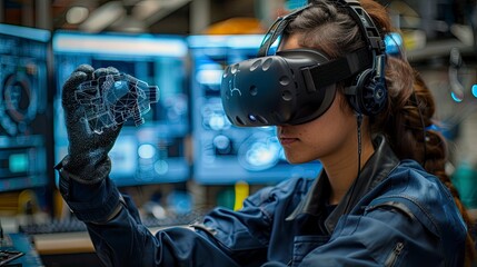 A female engineer wearing a VR headset and gloves, designing a 3D model of a spacecraft in a virtual reality simulation