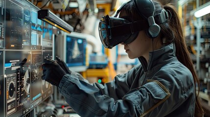 A female engineer wearing a VR headset and gloves, designing a 3D model of a spacecraft in a virtual reality simulation