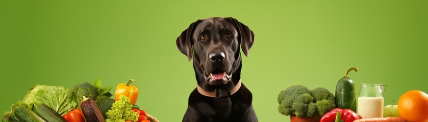 Fototapeta premium A black dog sitting in front of a variety of fresh vegetables and fruits with a green background, promoting a healthy lifestyle for pets.