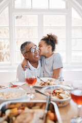 Home, grandfather and girl with kiss for dinner on thanksgiving, gathering and reunion. People, kid and happy or smile with food in table for memories, fun and love with support for care and bonding