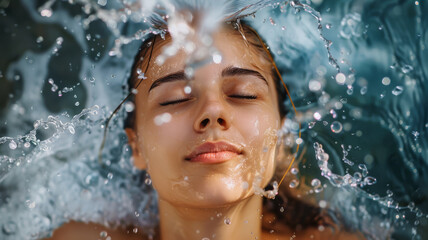 Fototapeta premium A woman deeply immersed in the water, her face beautifully framed by splashes, eyes closed, portraying relaxation and harmony with nature.