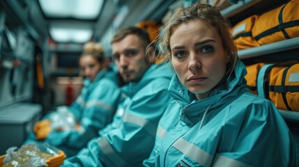 Three people in blue coats are sitting in a vehicle. One of them is a woman with a sad expression on her face