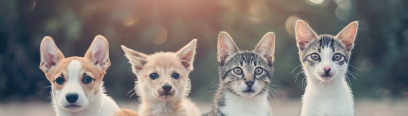 Adorable portrait of four cute pets, two dogs and two cats, sitting in a row outdoors with a blurred background. Perfect for animal lovers.