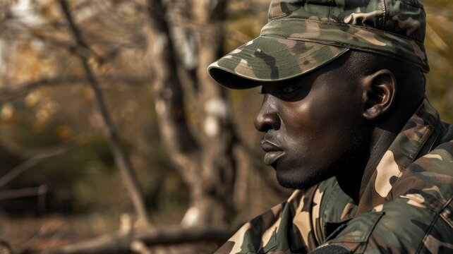A soldier in camouflaged gear sits pensively in a wooded area, illuminated by soft autumn sunlight, evoking introspective and reflective mood.