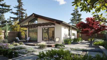 Fototapeta premium A modern, minimalist house with large glass windows surrounded by a lush garden, exuding tranquility and architectural elegance.