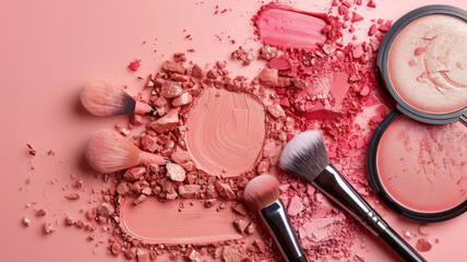 Makeup brushes and fragmented blush powders in various shades of pink spread across a surface, depicting a creative dynamic of color and texture.