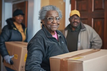 Elderly African American woman moving boxes into a new home, assisted by family, winter setting.