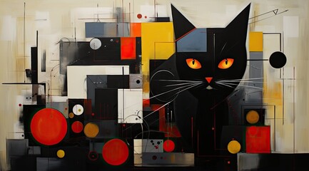 Abstract Black Cat with Geometric Patterns.