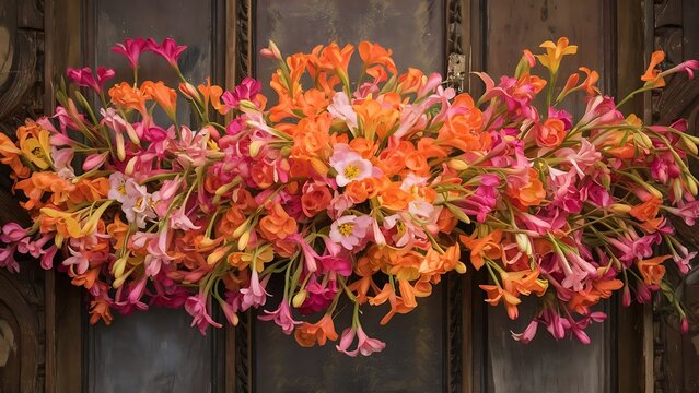 Bouquet of multi colored freesias on old wooden background beautiful flowers