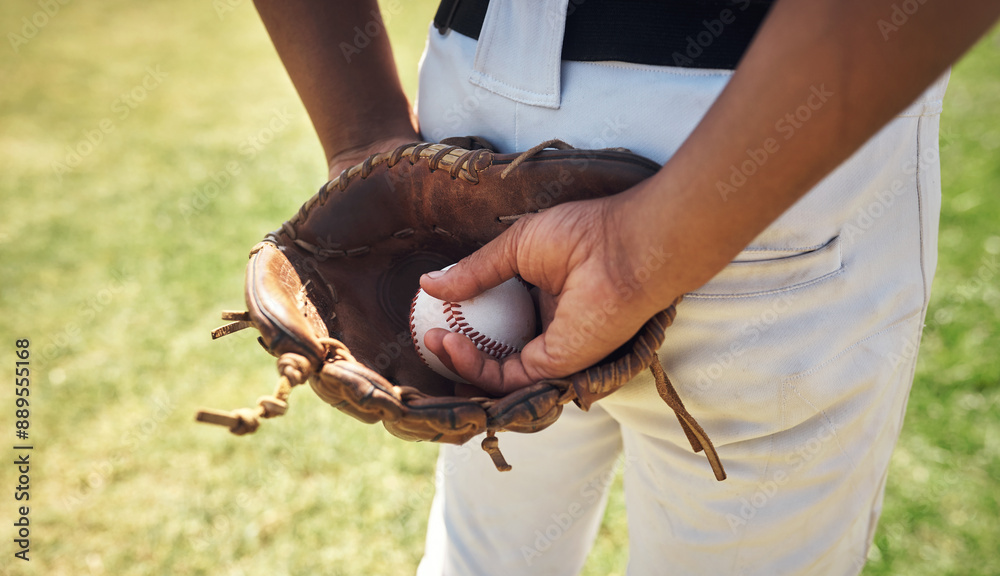 Canvas Prints Baseball, glove or hands of man in sports on field of stadium for training, practice or workout. Fitness, mitt closeup or athlete ready to challenge in park for playing competition, exercise or match