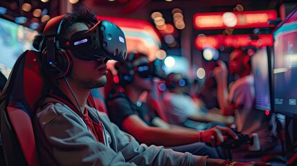 A virtual reality gaming tournament with participants wearing VR headsets and controllers in an immersive arena