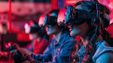 A virtual reality gaming tournament with participants wearing VR headsets and controllers in an immersive arena