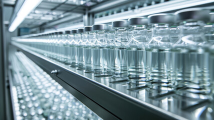Neatly aligned glass vials on a conveyor belt in a modern laboratory, reflecting bright white lights with a futuristic and clean aesthetic.