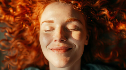 Fototapeta premium A serene portrait of a woman with fiery red hair radiates peace and contentment as she basks in the gentle sunlight.