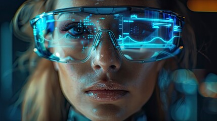 Close-up of a woman using a futuristic wearable device with augmented reality overlays for navigation and information