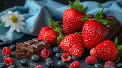 Fresh strawberries, raspberries, blueberries, and chocolate pieces artfully arranged on a dark surface with a blue cloth and a daisy, creating a colorful and appetizing scene.