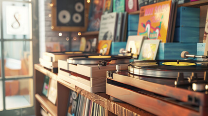 A cozy vinyl record store with warm lighting, featuring turntables and records, exuding nostalgia and a love for classic music.