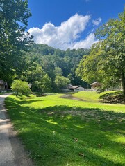 state park greenery with blue skies and white clouds, beautiful walking path with trees