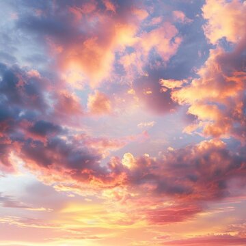 Lifelike photograph of a vibrant sunset sky with intricate cirrostratus clouds, isolated on white background