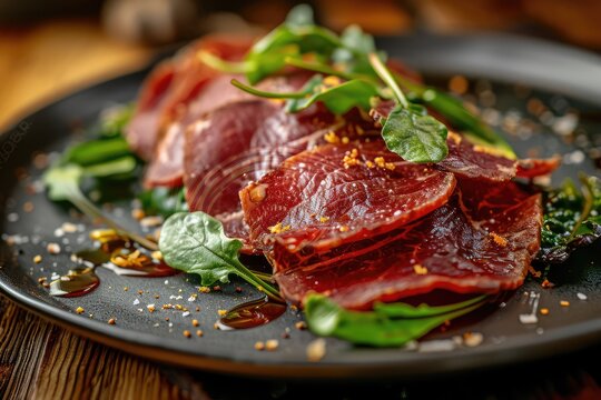 Bresaola, Dried Italian Beef, Salted Veal Slices, Bresaola, Venison or Pork with Greens