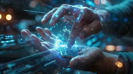 Close-up of a businessman using a transparent smartphone with holographic interface for virtual meetings