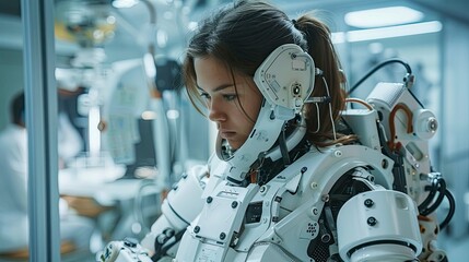 Fototapeta premium A female engineer wearing an exoskeleton suit testing its functionality in a robotics research and development lab