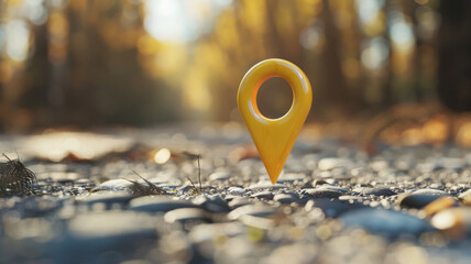 A vibrant yellow location pin stands on a rocky path, capturing a moment of serene exploration under the golden sunlight in a natural, scenic setting.